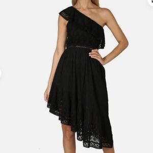 NWT LoveShackFancy Asymmetric One Shoulder Ruffle Lace Dress Black Size XS